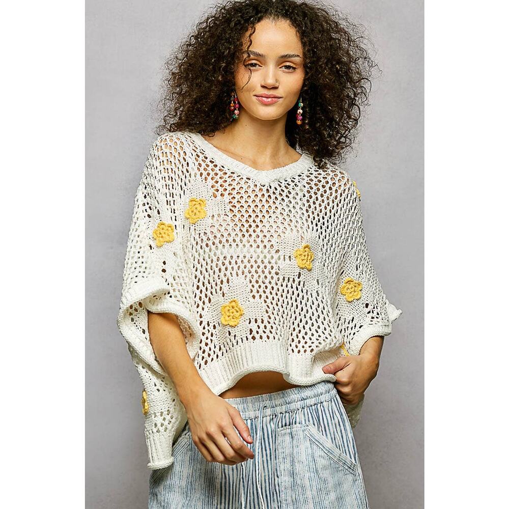 "Bloomin' Filly" Floral Patch Open Sweater Top Black - Picture 2 of 16